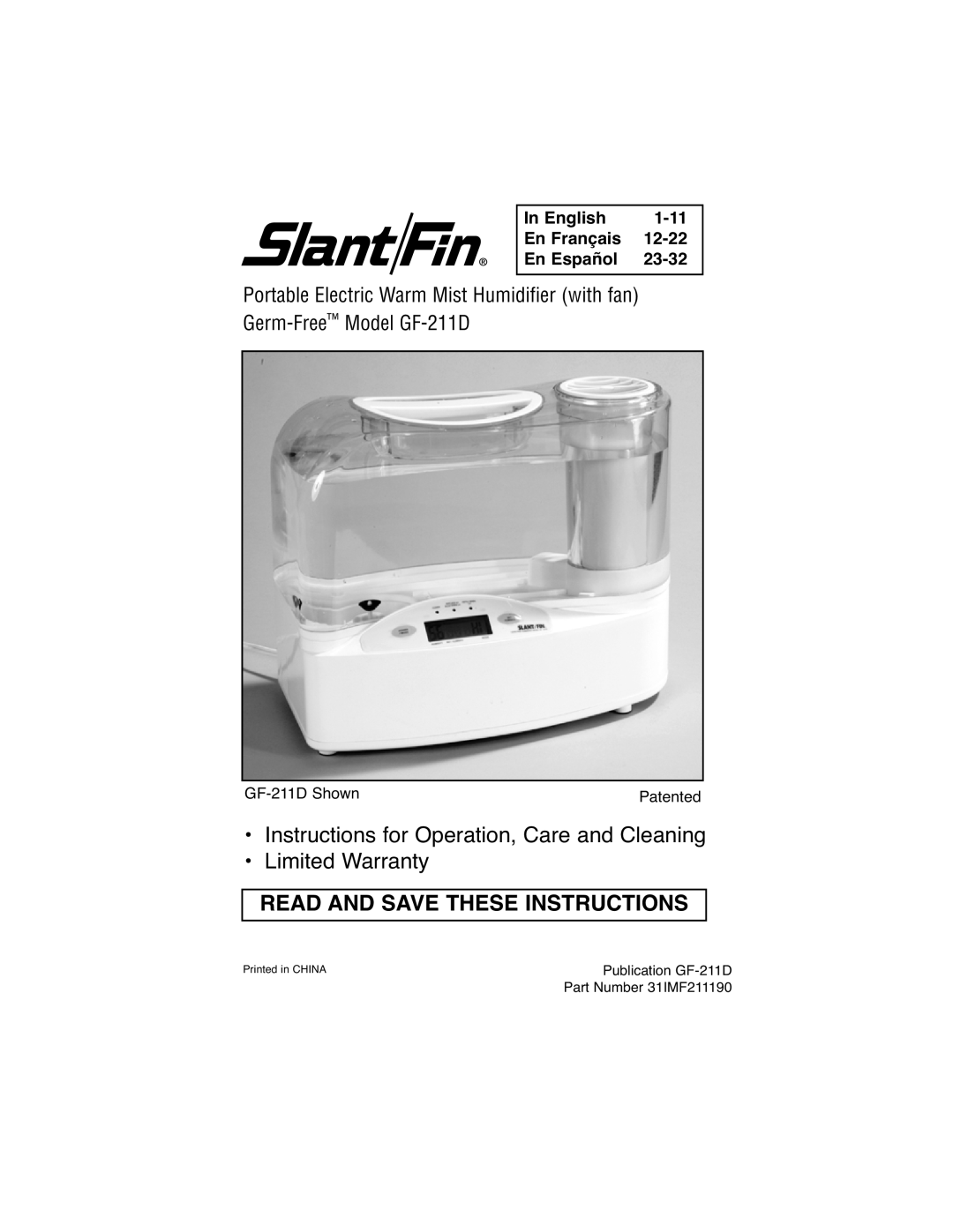 Slant/Fin GF-211D warranty Read And Save These Instructions, In English, 1-11, En Français, 12-22, En Español, 23-32 
