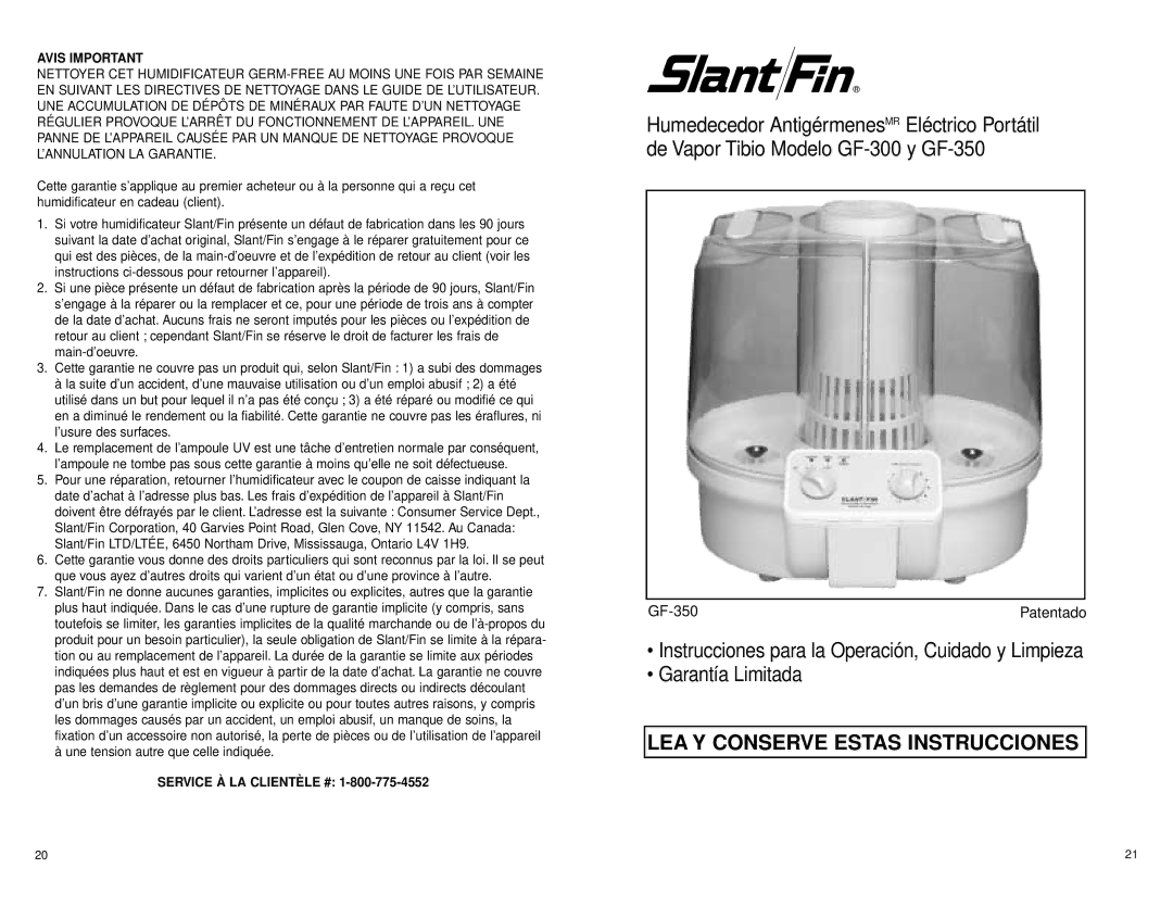 Slant/Fin warranty LEA Y Conserve Estas Instrucciones, Avis Important, De Vapor Tibio Modelo GF-300 y GF-350 