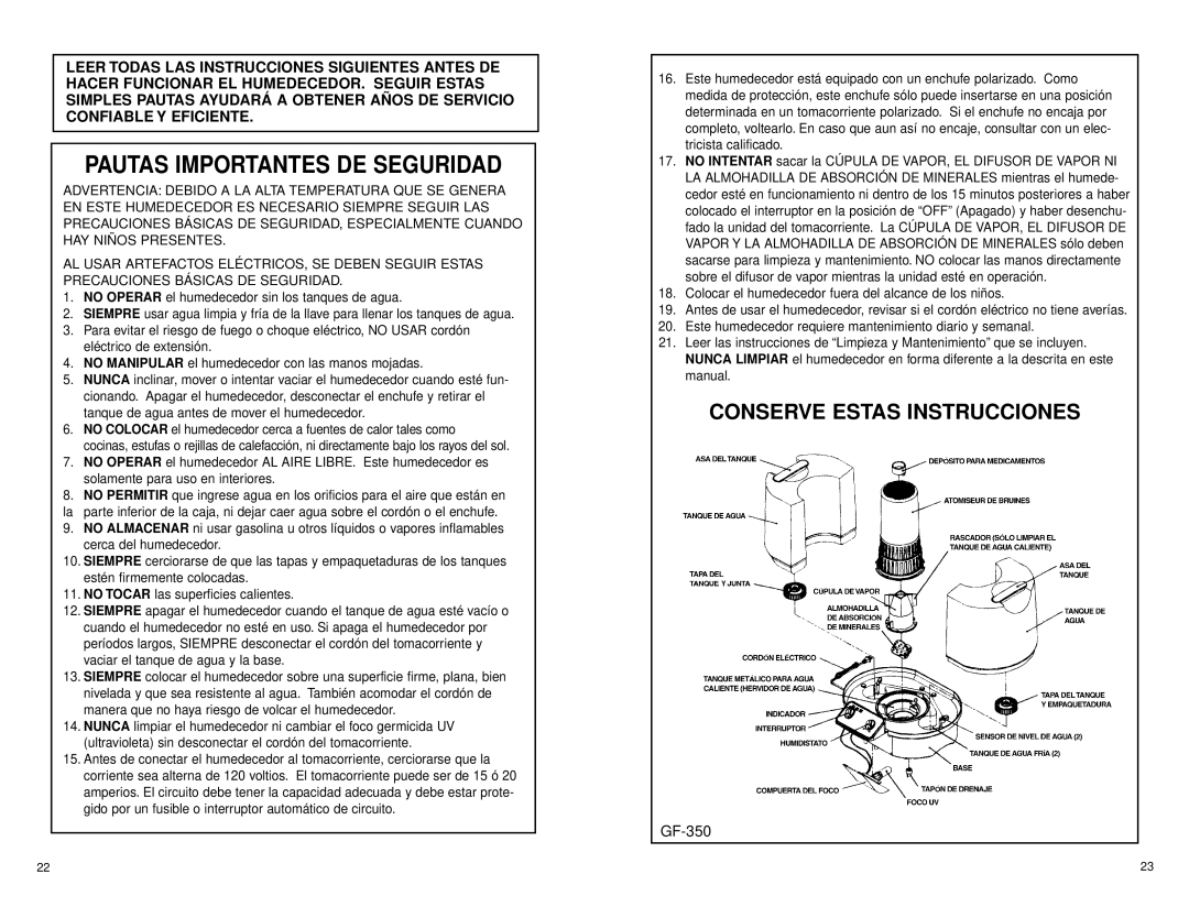 Slant/Fin GF-300 warranty Pautas Importantes DE Seguridad, Conserve Estas Instrucciones 