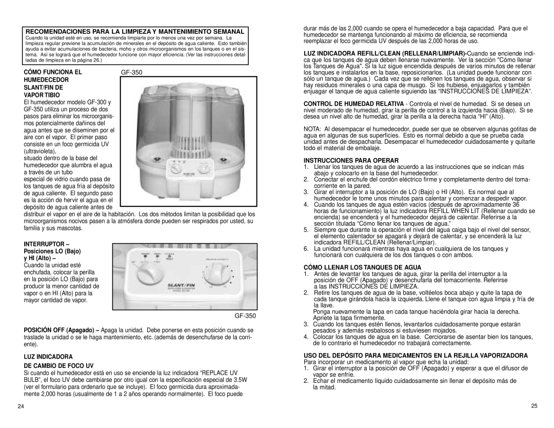 Slant/Fin GF-300 warranty Recomendaciones Para LA Limpieza Y Mantenimiento Semanal 