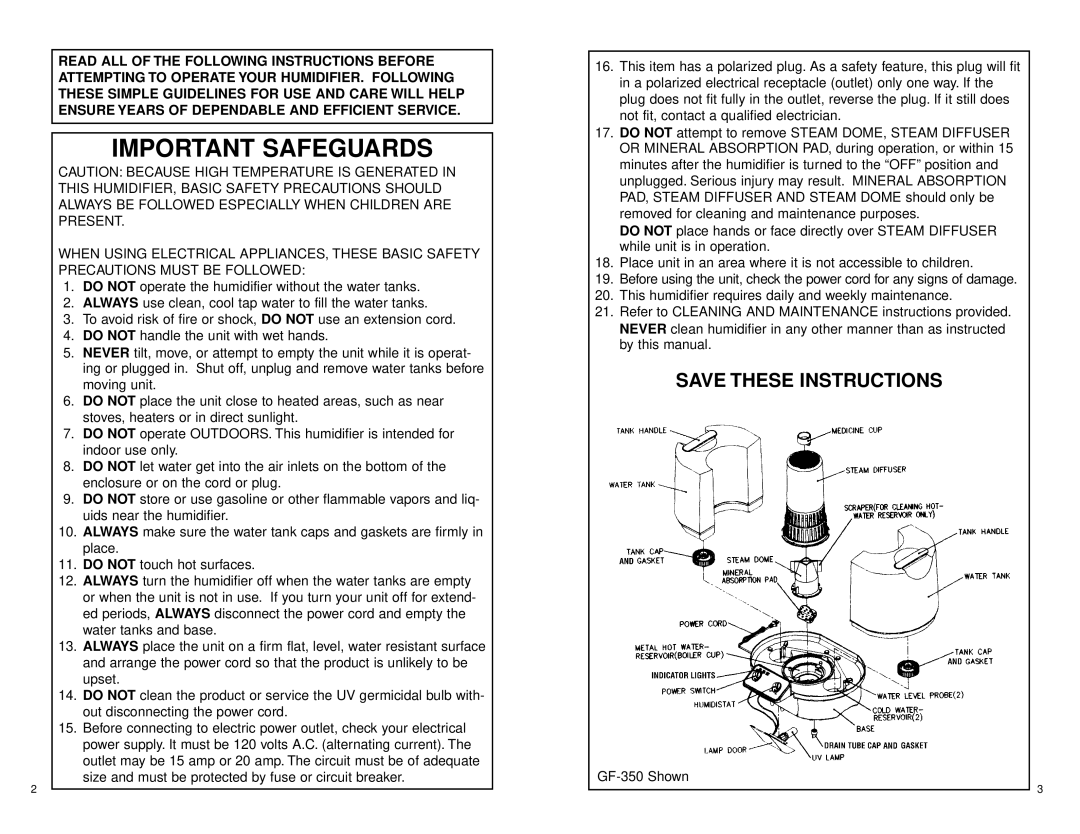 Slant/Fin GF-300 warranty Do not, Not, Never, Always, Handle the unit with wet hands 