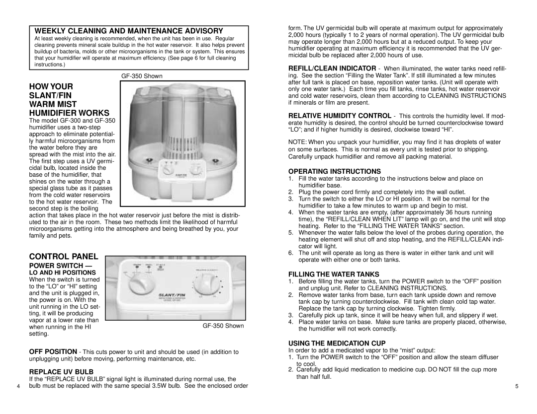 Slant/Fin GF-300 Power Switch, Replace UV Bulb, Relative Humidity Control, Operating Instructions, Filling the Water Tanks 