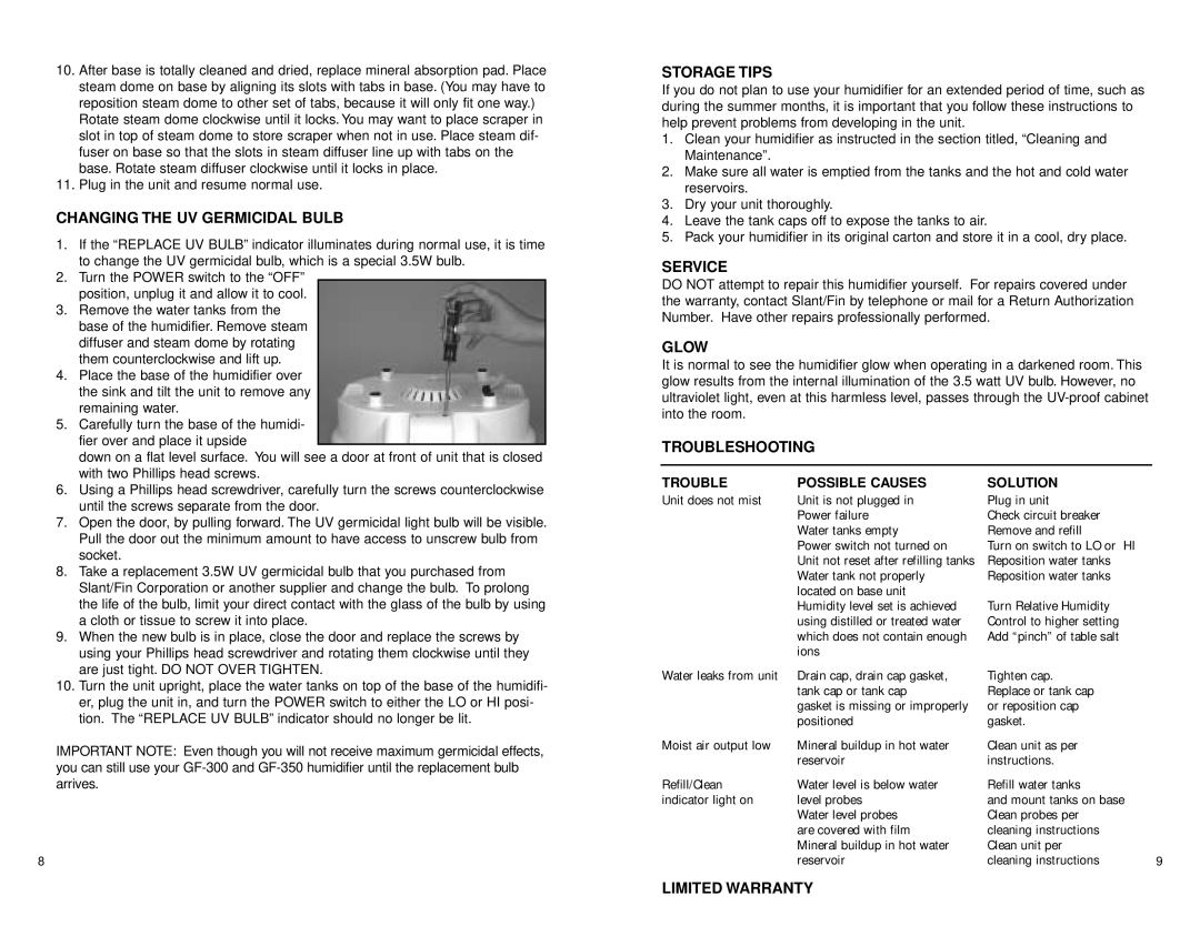 Slant/Fin GF-300 warranty Changing the UV Germicidal Bulb, Storage Tips, Service, Glow, Troubleshooting, Limited Warranty 