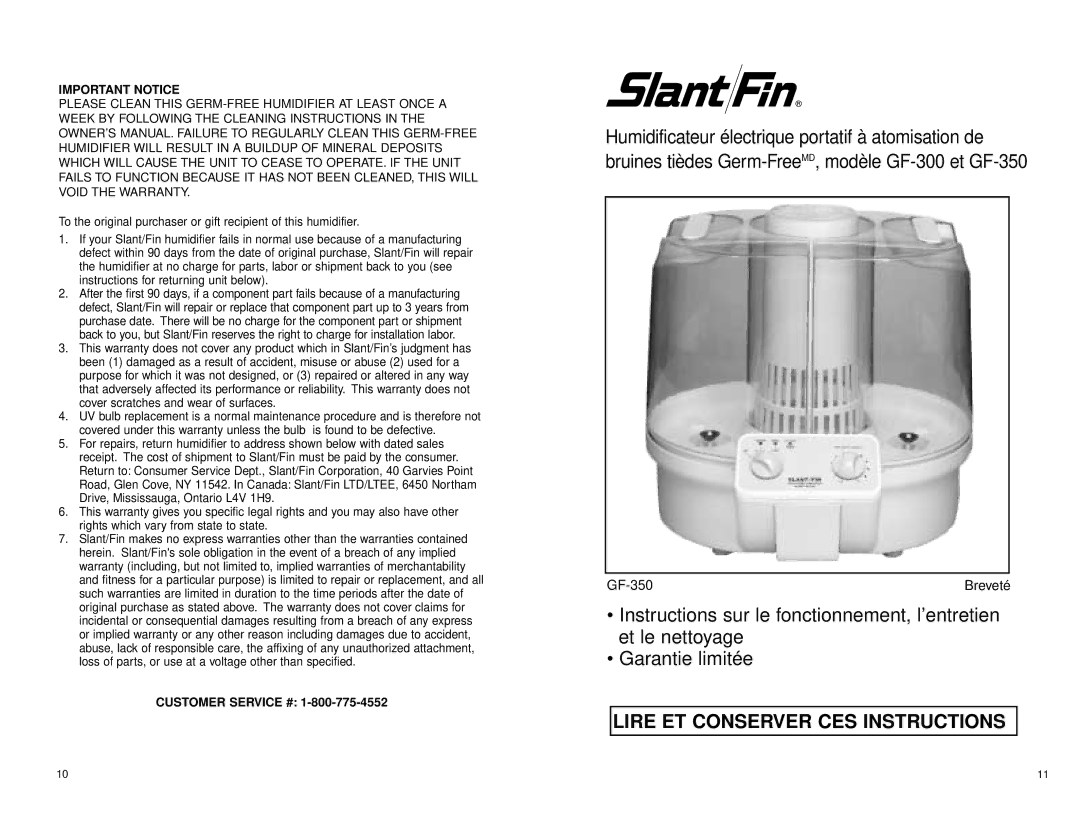 Slant/Fin GF-300 warranty Lire ET Conserver CES Instructions, Important Notice 