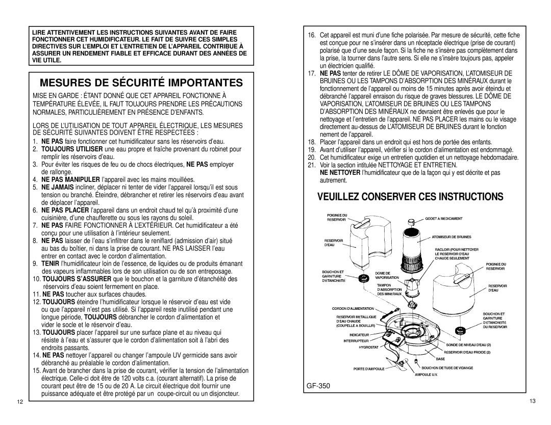 Slant/Fin GF-300 warranty Ne Pas, Toujours Utiliser, NE PAS Manipuler, Toujours S’ASSURER, NE Nettoyer 