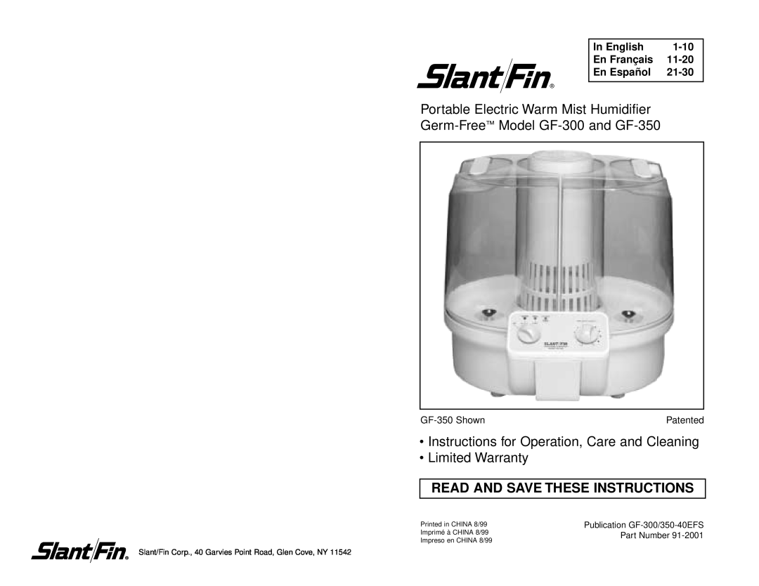 Slant/Fin GF-300 warranty Instructions for Operation, Care and Cleaning, Limited Warranty, Germ-Free, 1-10, In English 