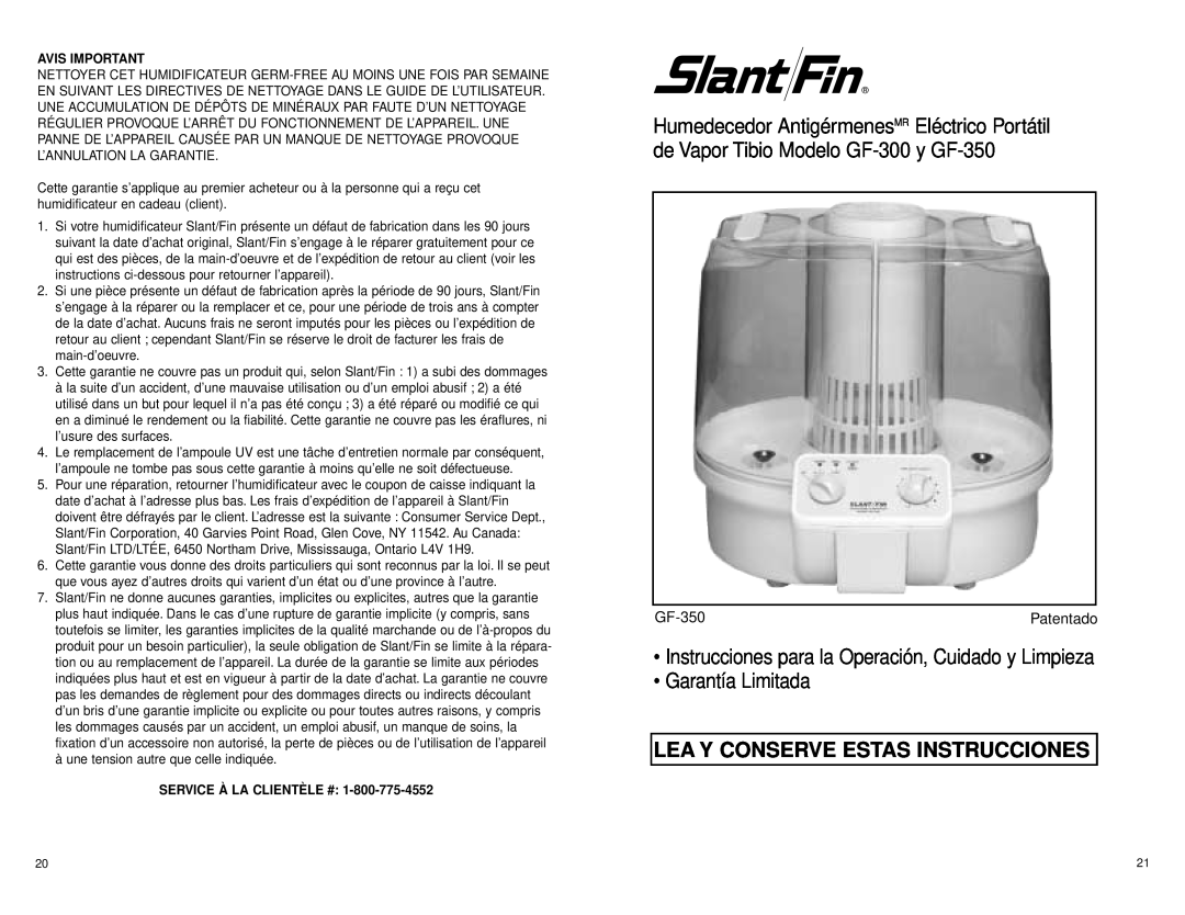 Slant/Fin GF-300 Lea Y Conserve Estas Instrucciones, Humedecedor Antigérmenes, MR Eléctrico Portátil, Garantía Limitada 