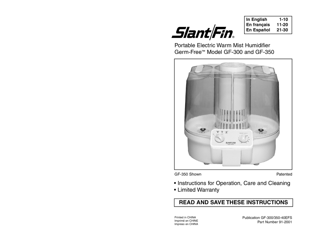 Slant/Fin GF-350 warranty Read and Save These Instructions 