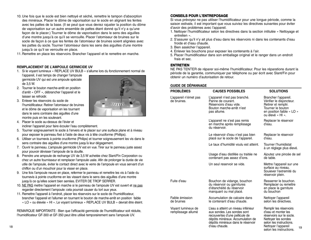 Slant/Fin GF-350 warranty Remplacement DE L’AMPOULE Germicide UV, Conseils Pour L’ENTREPOSAGE, Entretien 