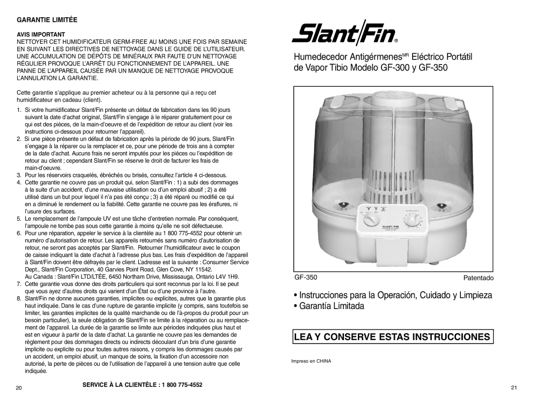 Slant/Fin GF-350 warranty LEA Y Conserve Estas Instrucciones, Garantie Limitée, Avis Important 