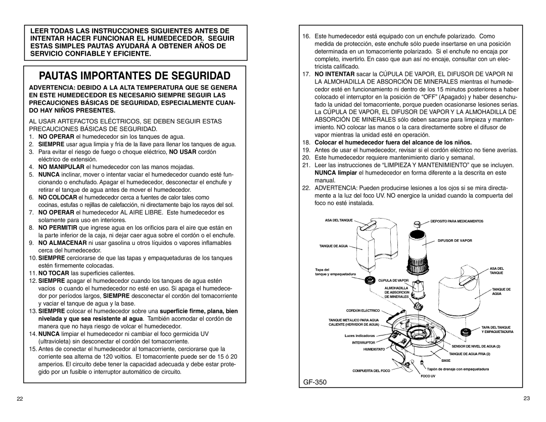 Slant/Fin GF-350 warranty Pautas Importantes DE Seguridad, Colocar el humedecedor fuera del alcance de los niños 