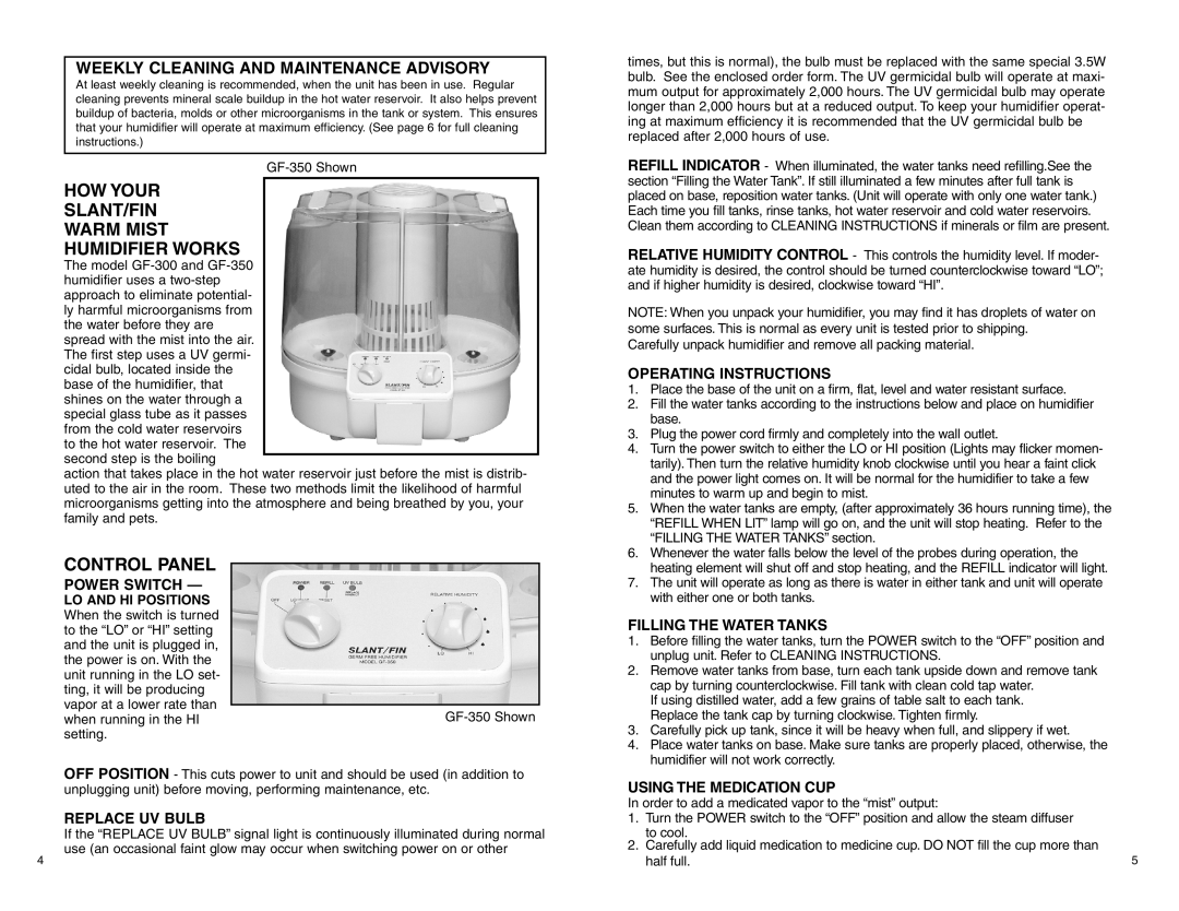 Slant/Fin GF-350 Power Switch, Replace UV Bulb, Operating Instructions, Filling the Water Tanks, Using the Medication CUP 