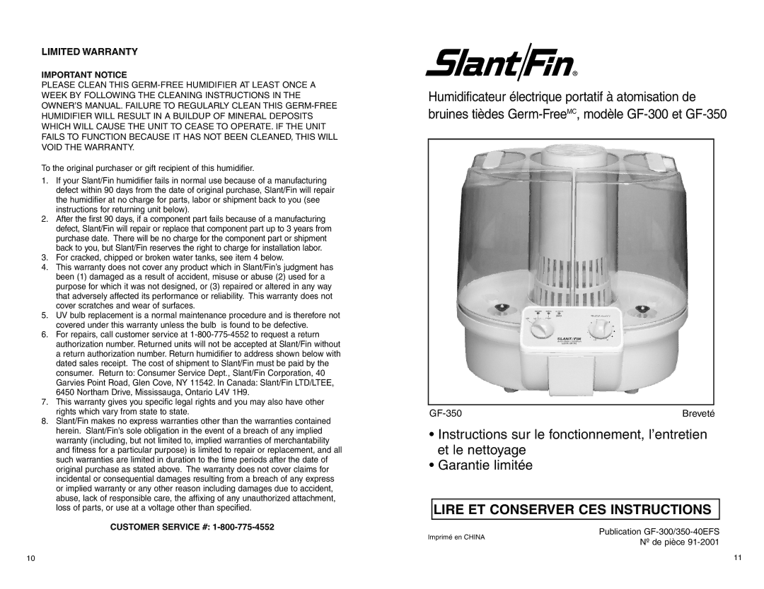 Slant/Fin GF-350 warranty Lire ET Conserver CES Instructions, Limited Warranty, Important Notice 