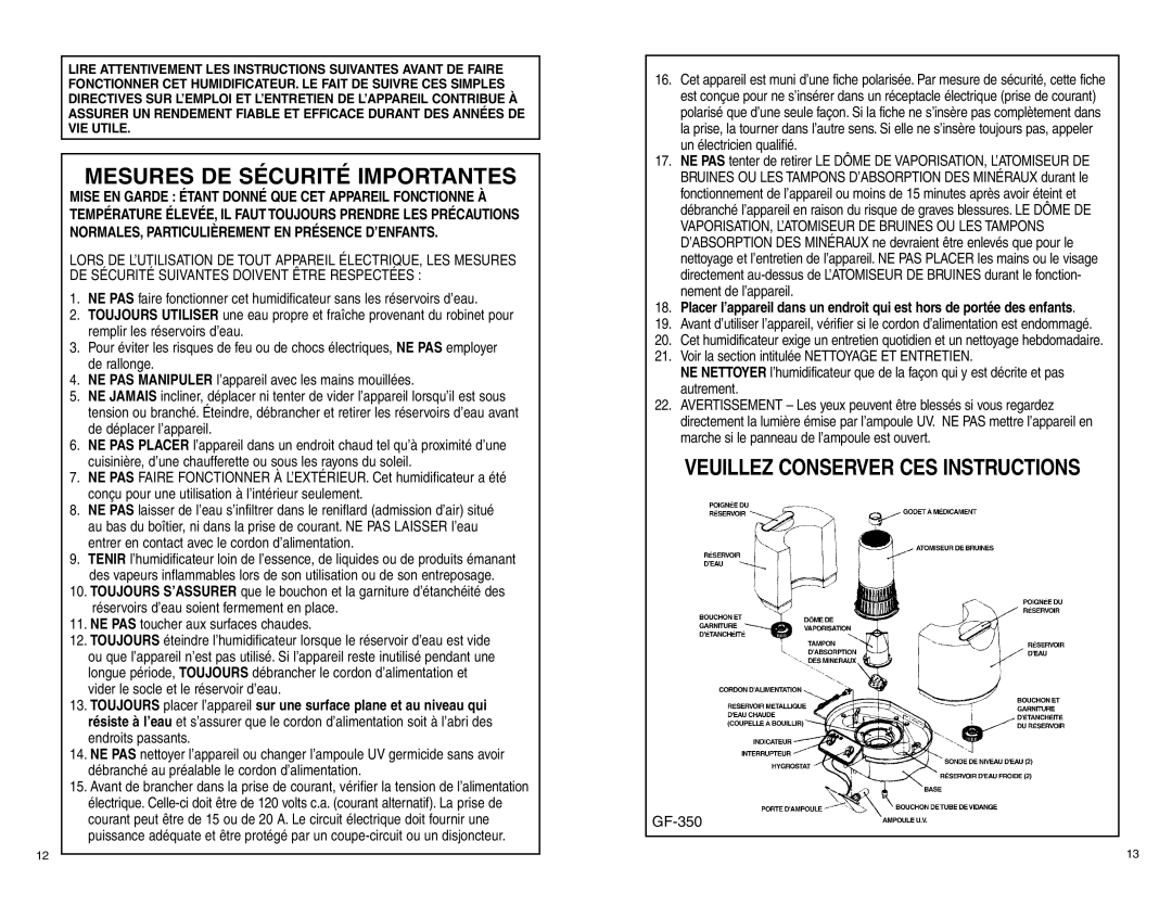 Slant/Fin GF-350 warranty Mesures DE Sécurité Importantes 