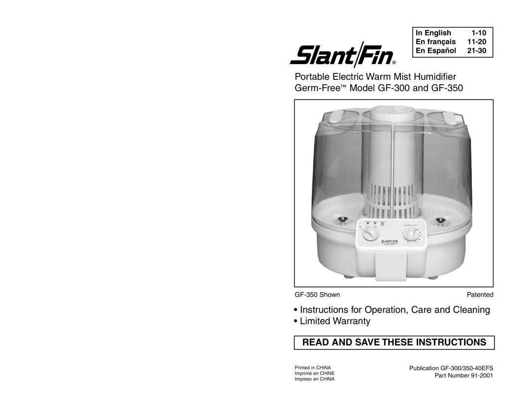 Slant/Fin GF-350 warranty Instructions for Operation, Care and Cleaning, Limited Warranty, In English, 1-10, En français 