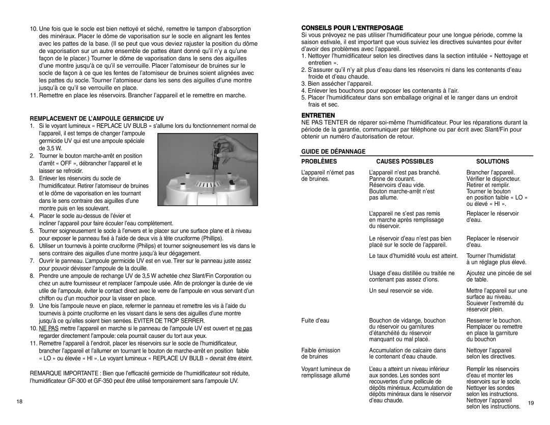 Slant/Fin GF-350 Remplacement De L’Ampoule Germicide Uv, Conseils Pour L’Entreposage, Entretien, Guide De Dépannage 