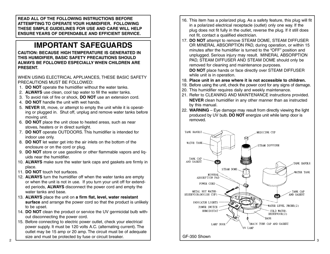 Slant/Fin GF-350 warranty Important Safeguards 