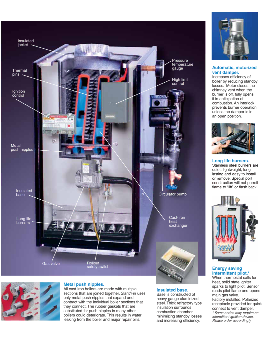 Slant/Fin GG Series manual Automatic, motorized vent damper, Long-life burners, Metal push nipples, Insulated base 