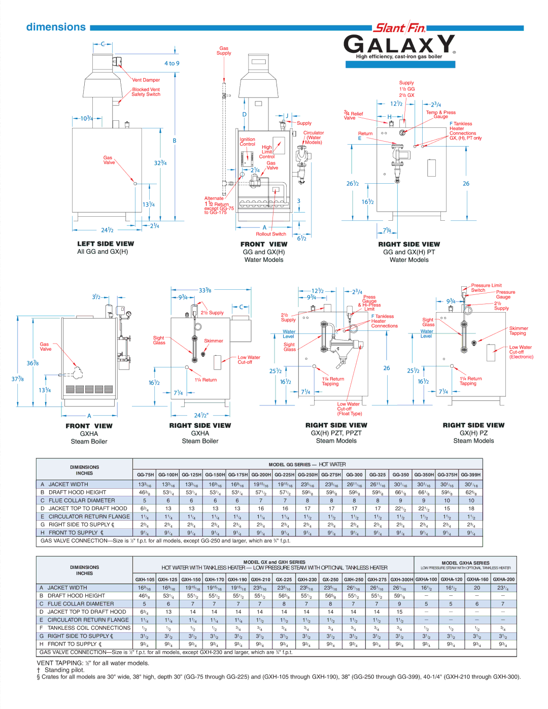 Slant/Fin GG Series manual Galaxy, Dimensions 