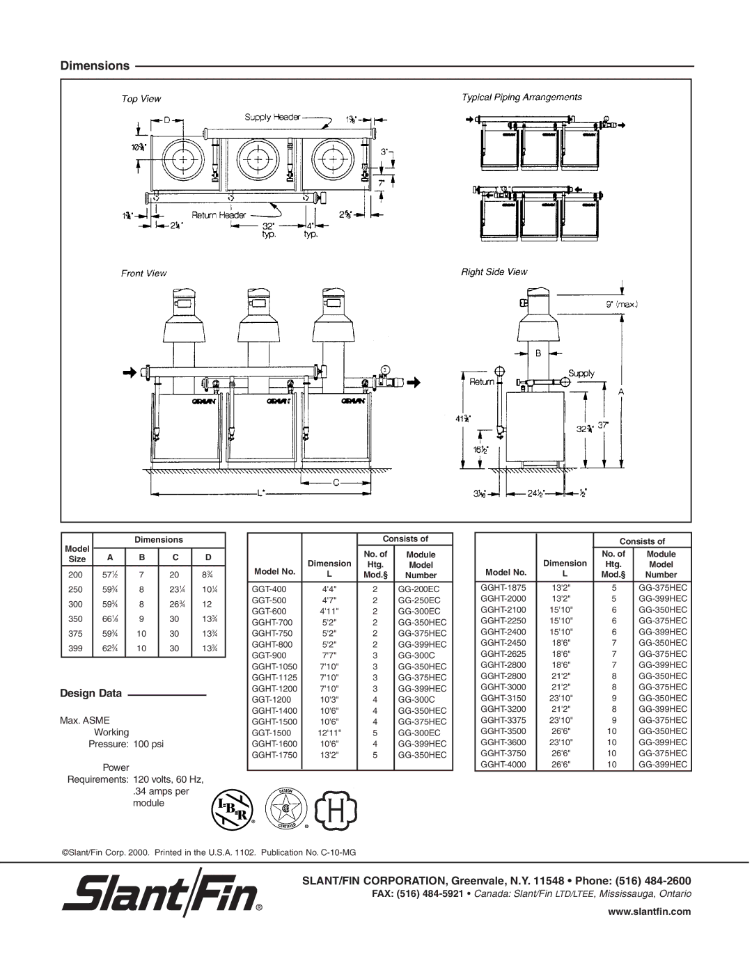 Slant/Fin GGT Series dimensions Dimensions, Mod.§ 