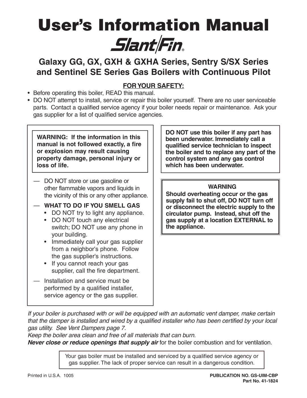 Slant/Fin GXHA, GG user service User’s Information Manual, What to do if YOU Smell GAS 