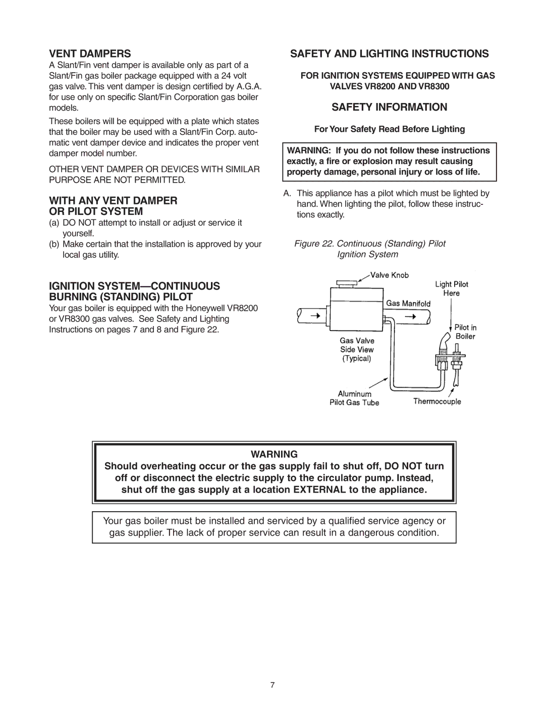 Slant/Fin GXH, GG Vent Dampers, With ANY Vent Damper Or Pilot System, Safety and Lighting Instructions, Safety Information 