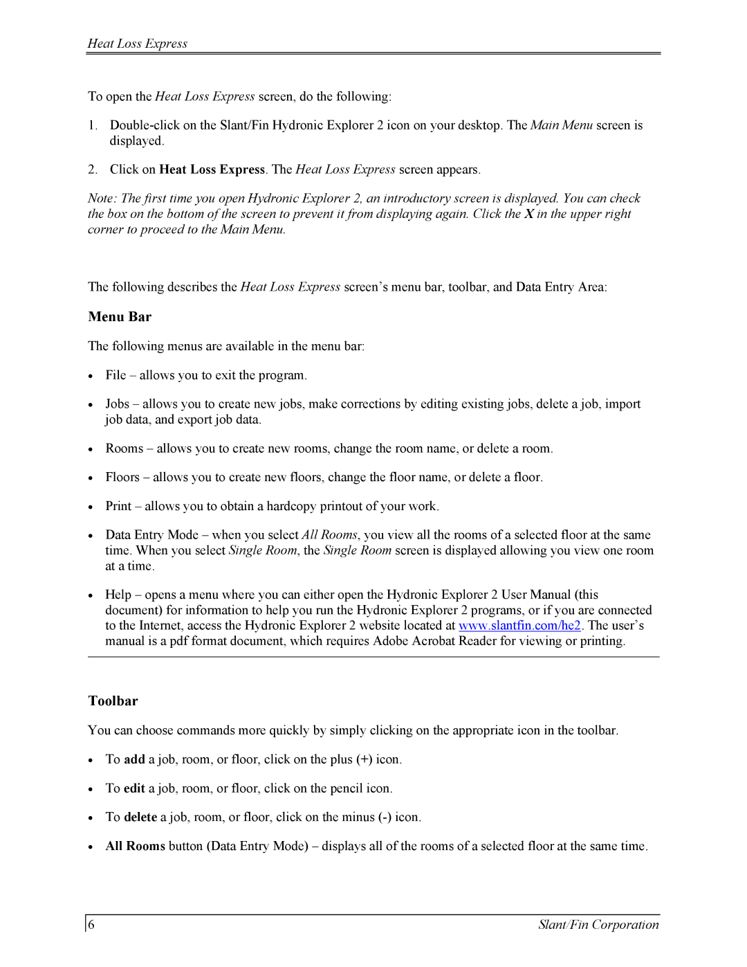 Slant/Fin Hydronic Explorer 2 user manual Menu Bar, Toolbar 