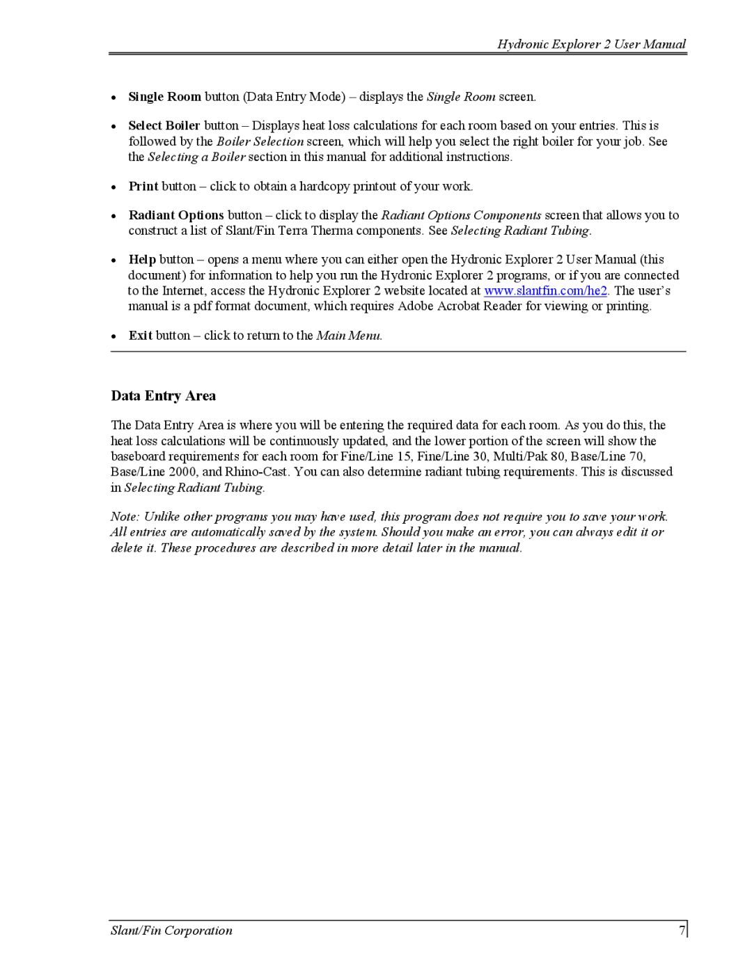 Slant/Fin Hydronic Explorer 2 user manual Data Entry Area 