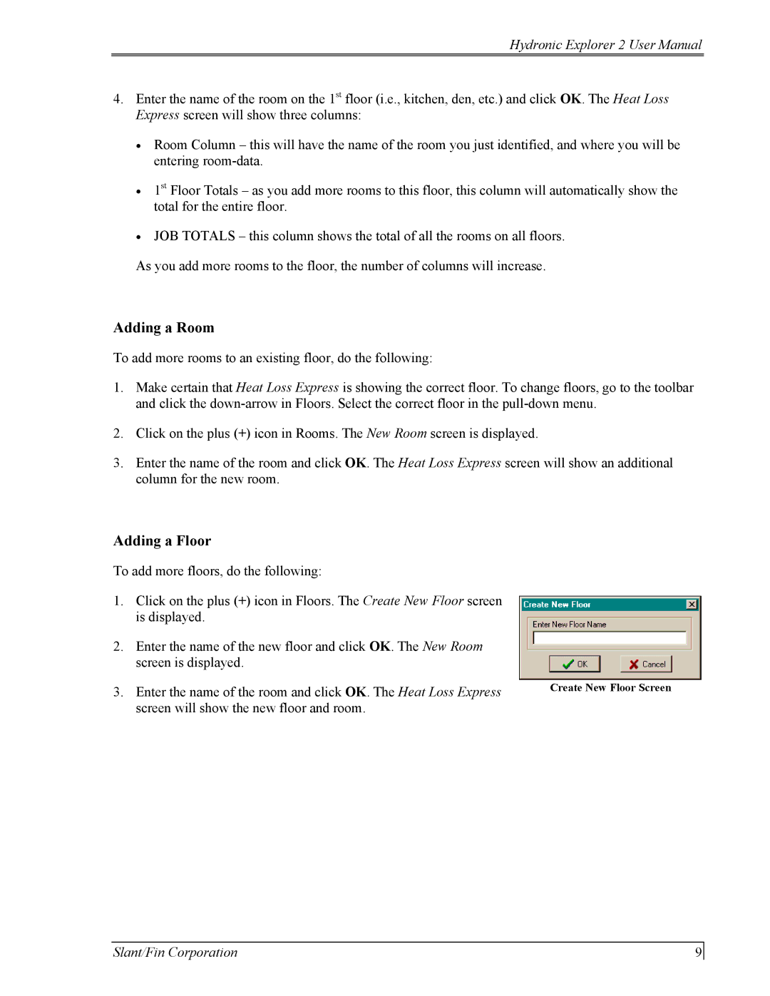 Slant/Fin Hydronic Explorer 2 user manual Adding a Room, Adding a Floor 