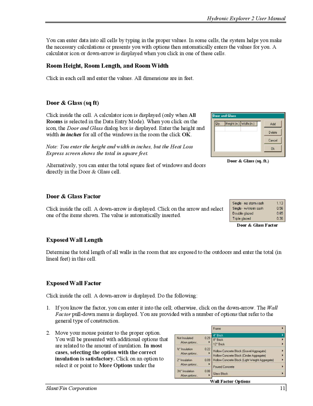 Slant/Fin Hydronic Explorer 2 user manual Room Height, Room Length, and Room Width, Door & Glass sq ft, Door & Glass Factor 