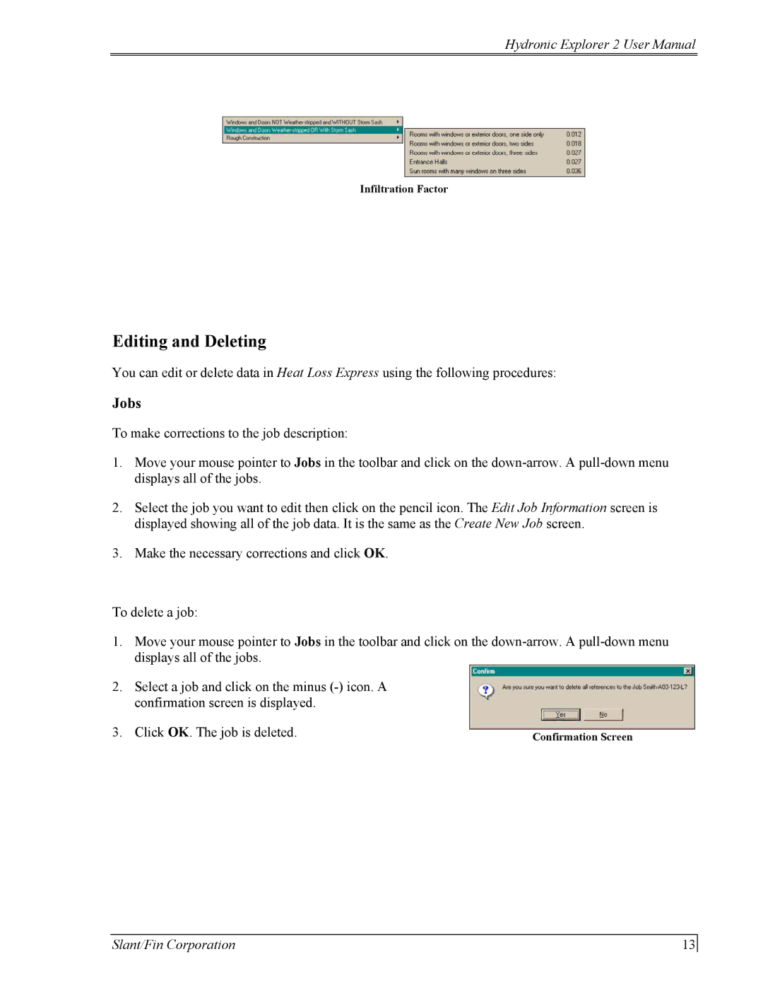 Slant/Fin Hydronic Explorer 2 user manual Editing and Deleting, Jobs 