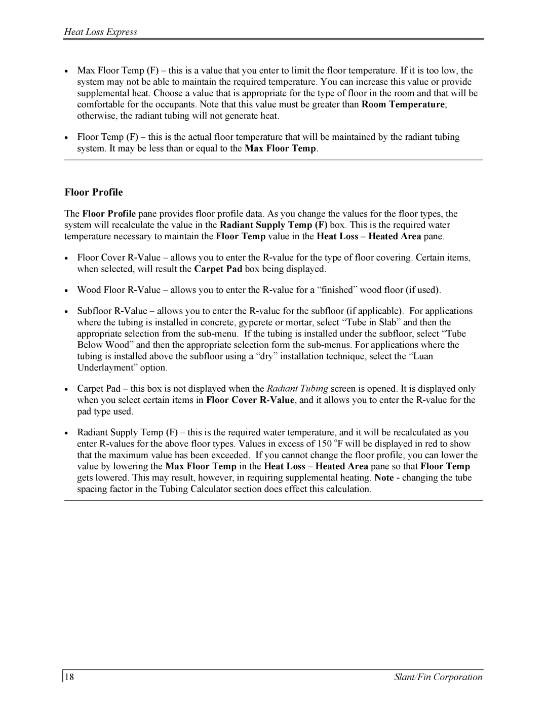 Slant/Fin Hydronic Explorer 2 user manual Floor Profile 