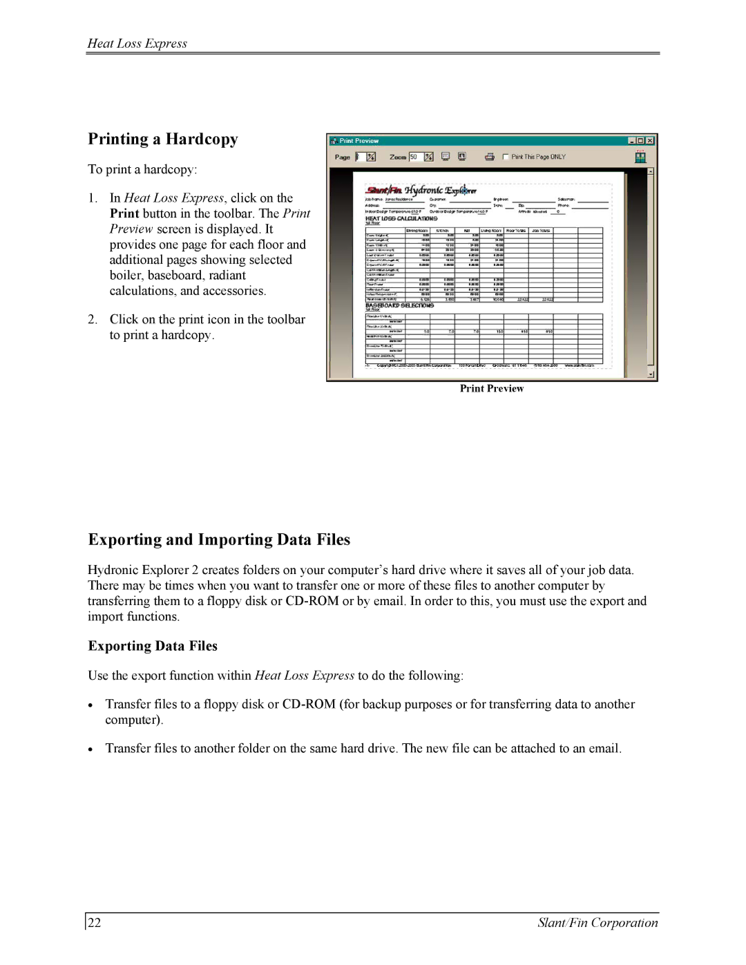 Slant/Fin Hydronic Explorer 2 user manual Printing a Hardcopy, Exporting and Importing Data Files, Exporting Data Files 