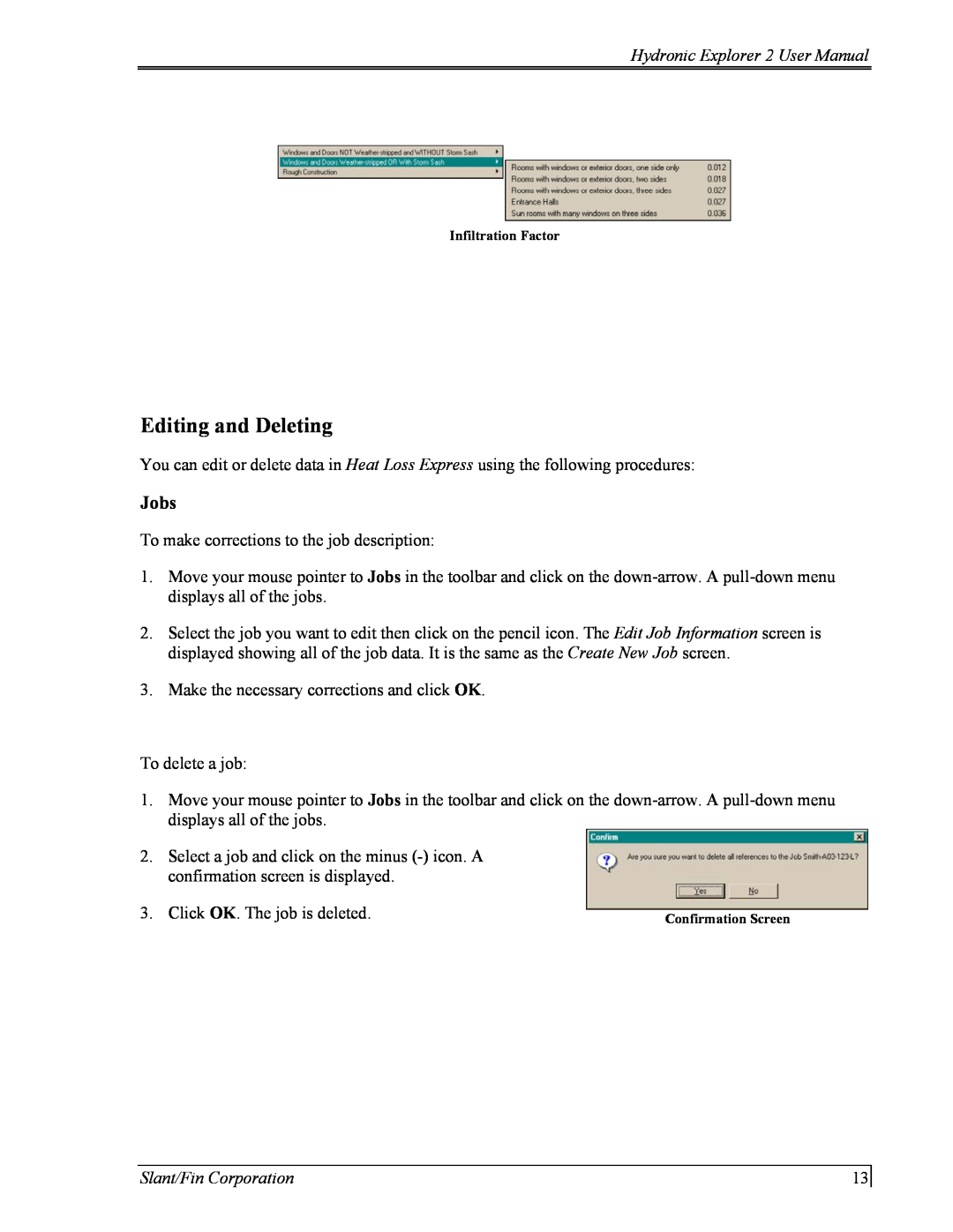 Slant/Fin Hydronic Explorer 2 user manual Editing and Deleting, Jobs, Slant/Fin Corporation 