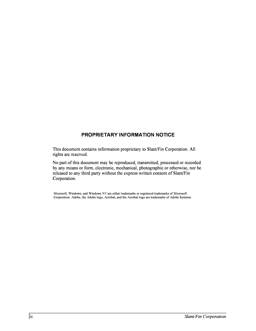 Slant/Fin Hydronic Explorer 2 user manual Proprietary Information Notice, Slant/Fin Corporation 
