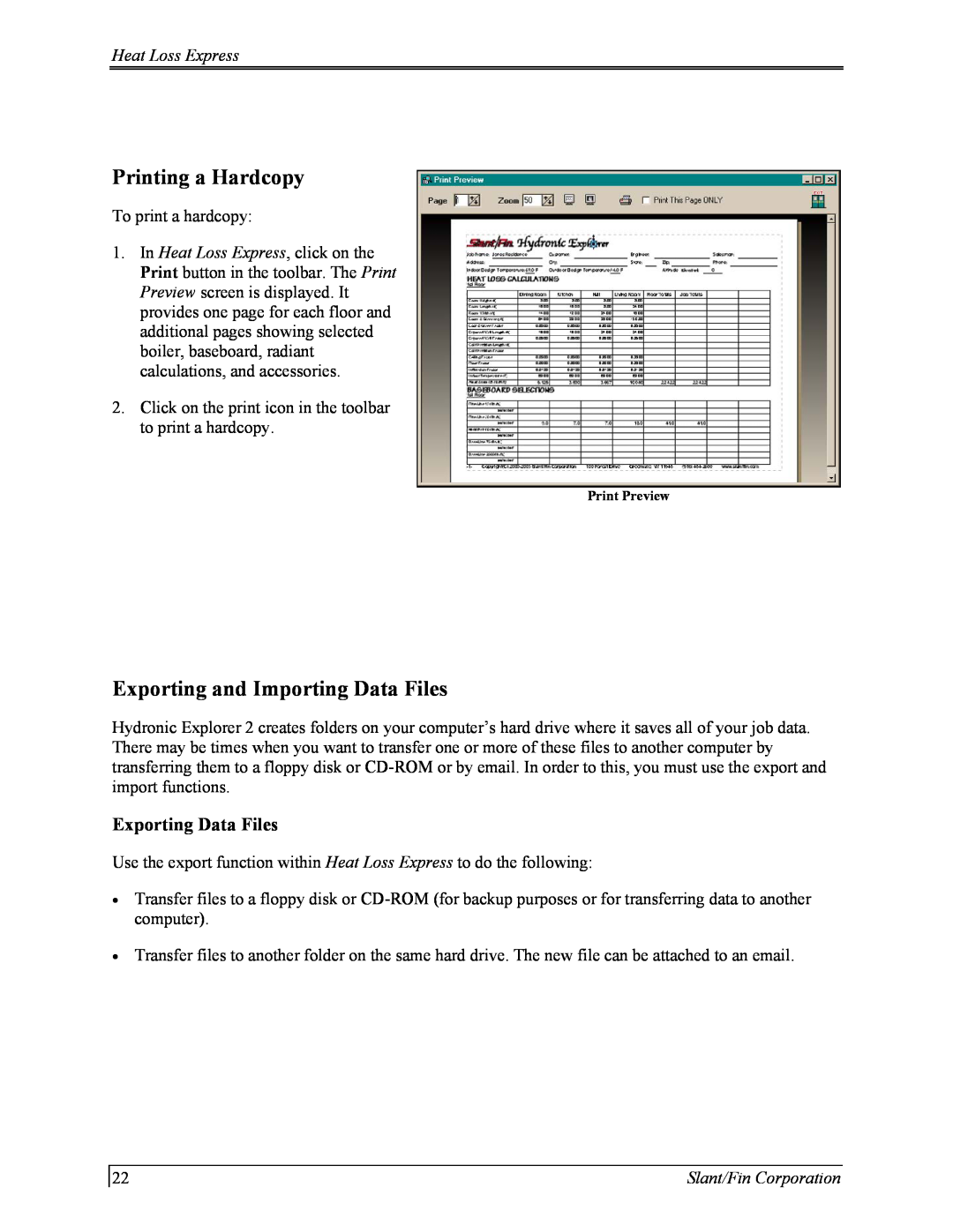 Slant/Fin Hydronic Explorer 2 user manual Printing a Hardcopy, Exporting and Importing Data Files, Exporting Data Files 