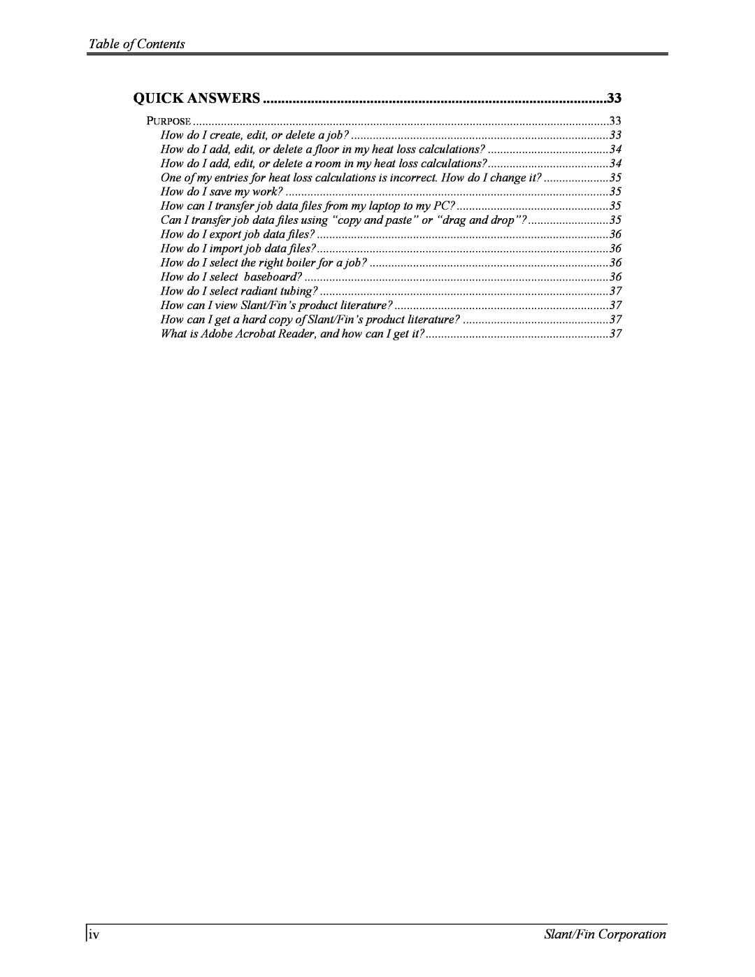 Slant/Fin Hydronic Explorer 2 user manual Quick Answers, Table of Contents, Slant/Fin Corporation 
