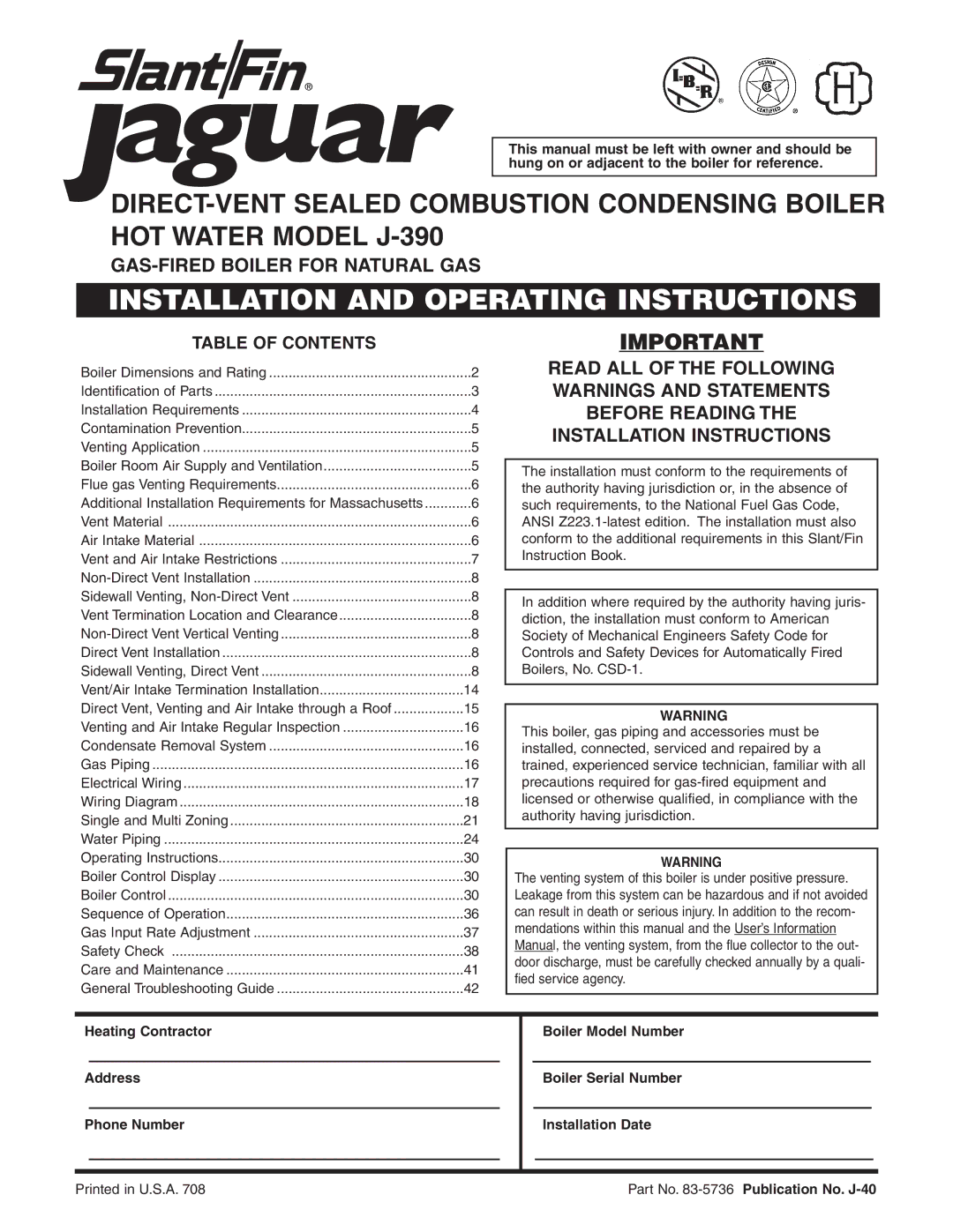 Slant/Fin J-390 installation instructions Installation and Operating Instructions 