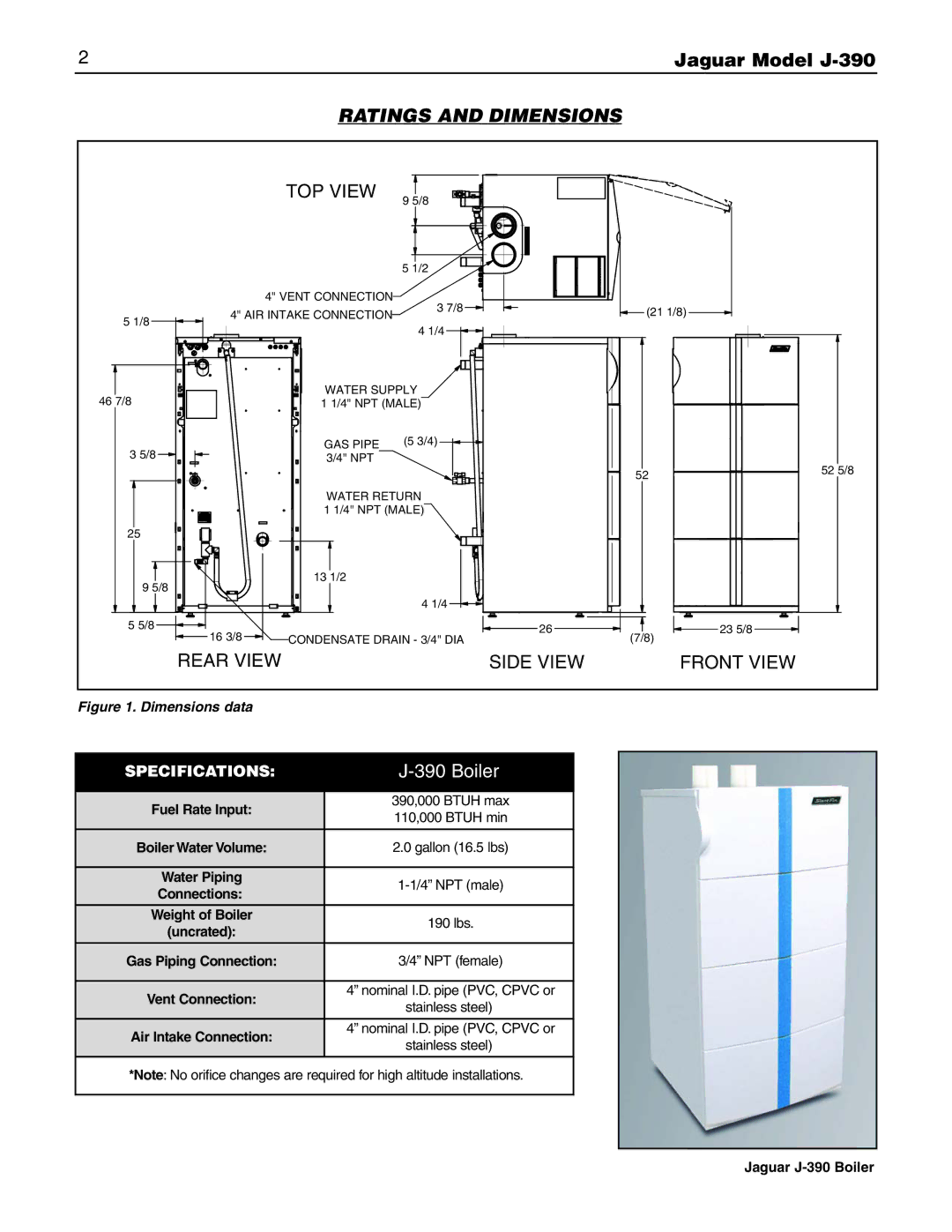 Slant/Fin installation instructions Ratings and Dimensions, Jaguar J-390 Boiler 