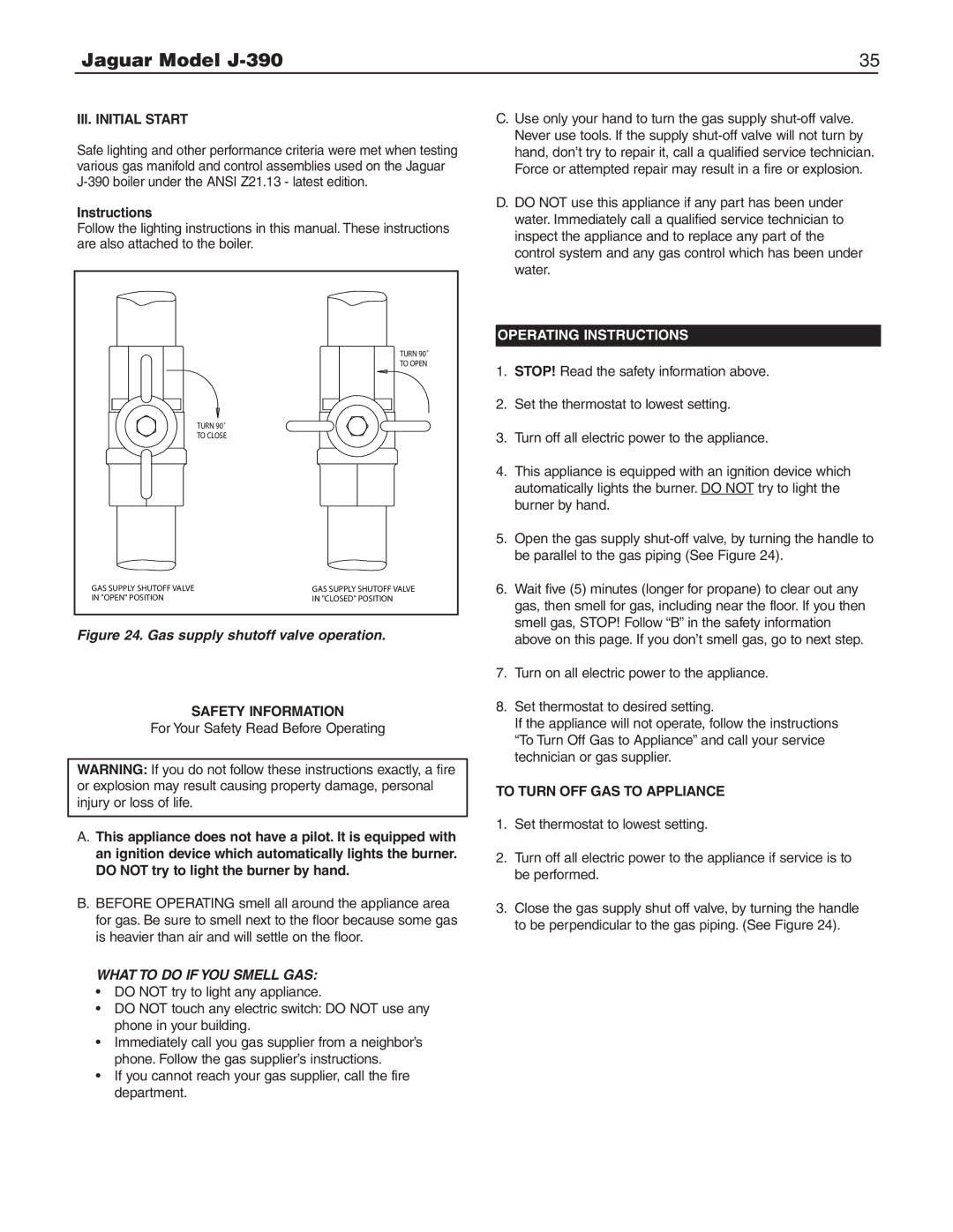 Slant/Fin J-390 III. Initial Start, Instructions, Safety Information, To Turn OFF GAS to Appliance 