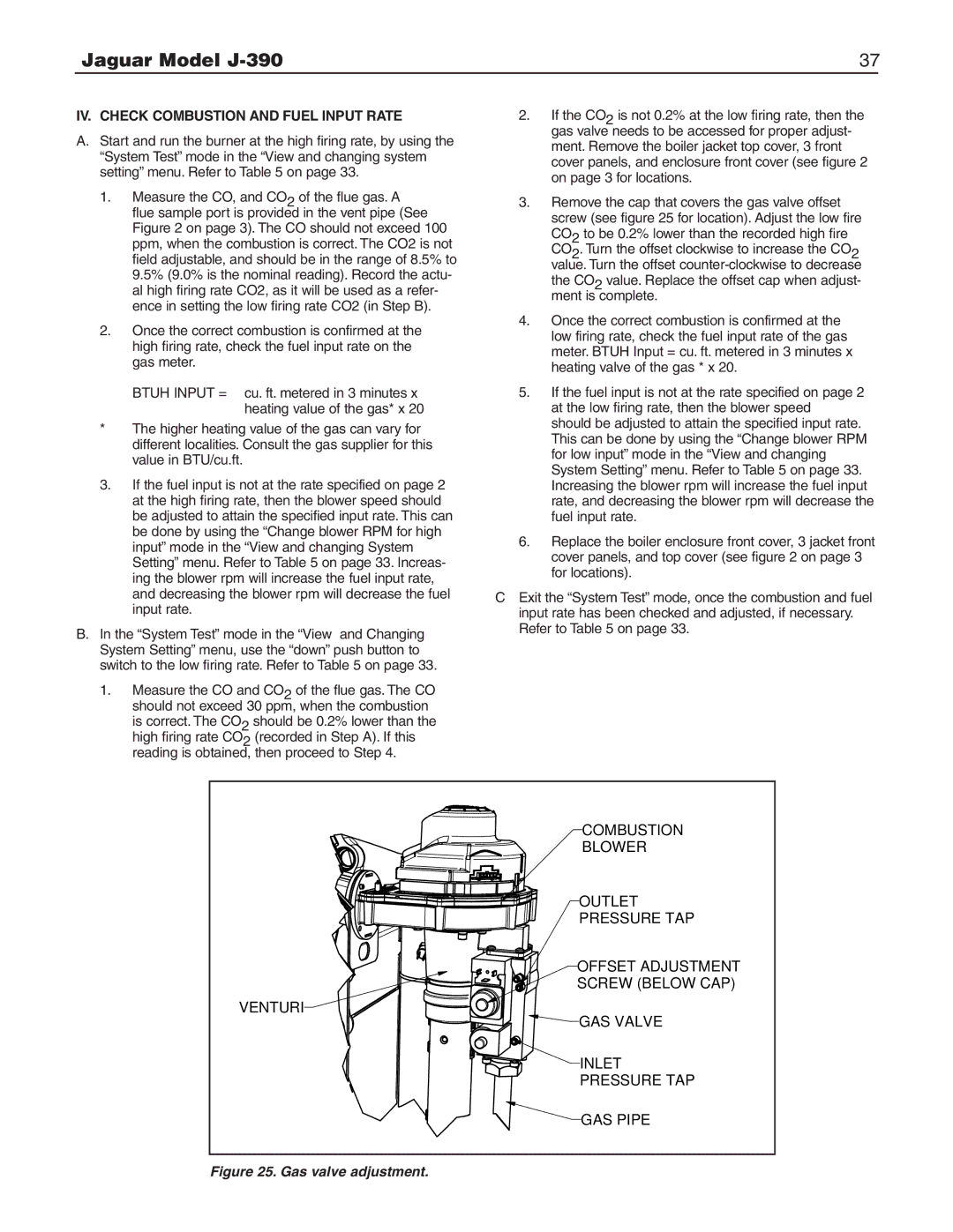 Slant/Fin J-390 installation instructions IV. Check Combustion and Fuel Input Rate, Gas valve adjustment 