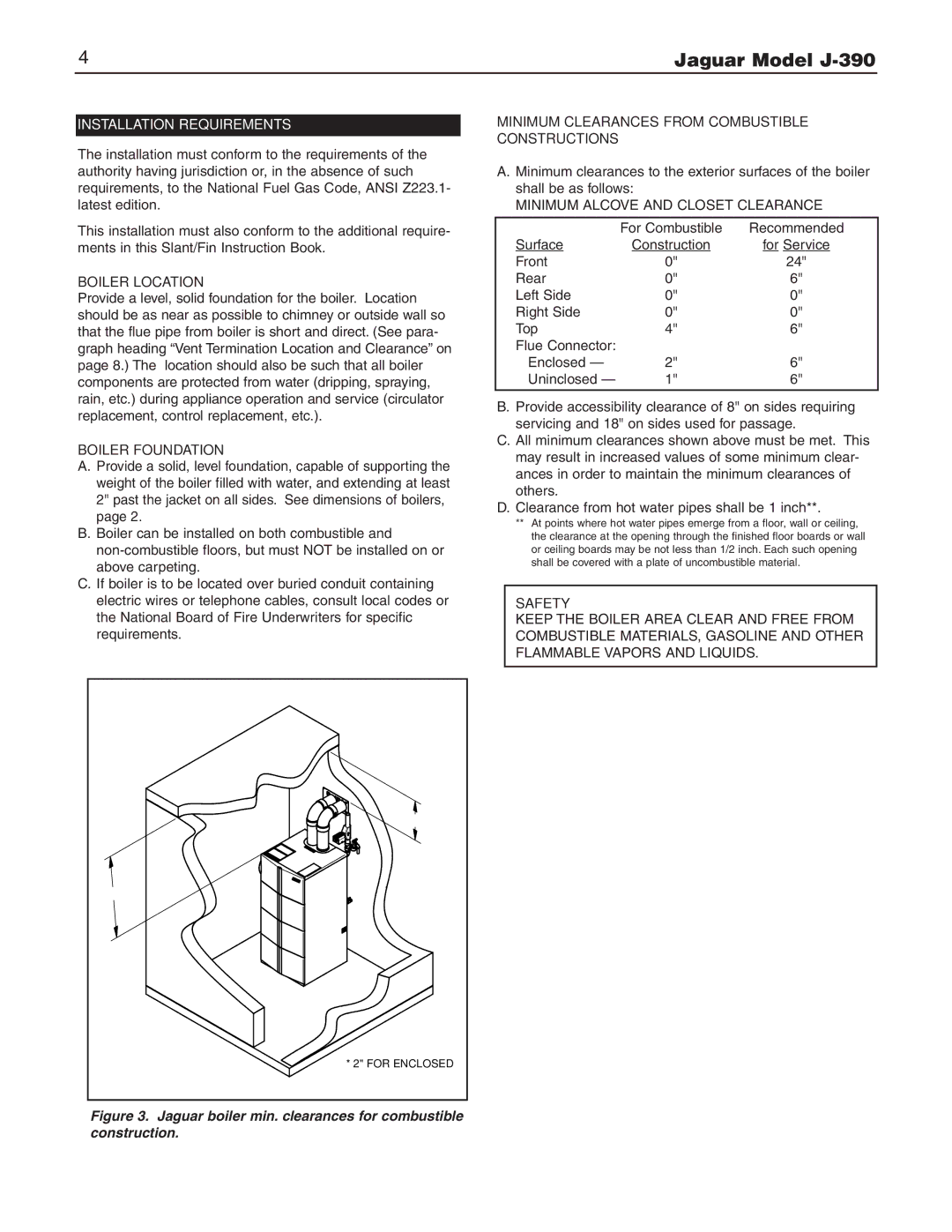 Slant/Fin J-390 Boiler Location, Boiler Foundation, Minimum Clearances from Combustible Constructions, Safety 