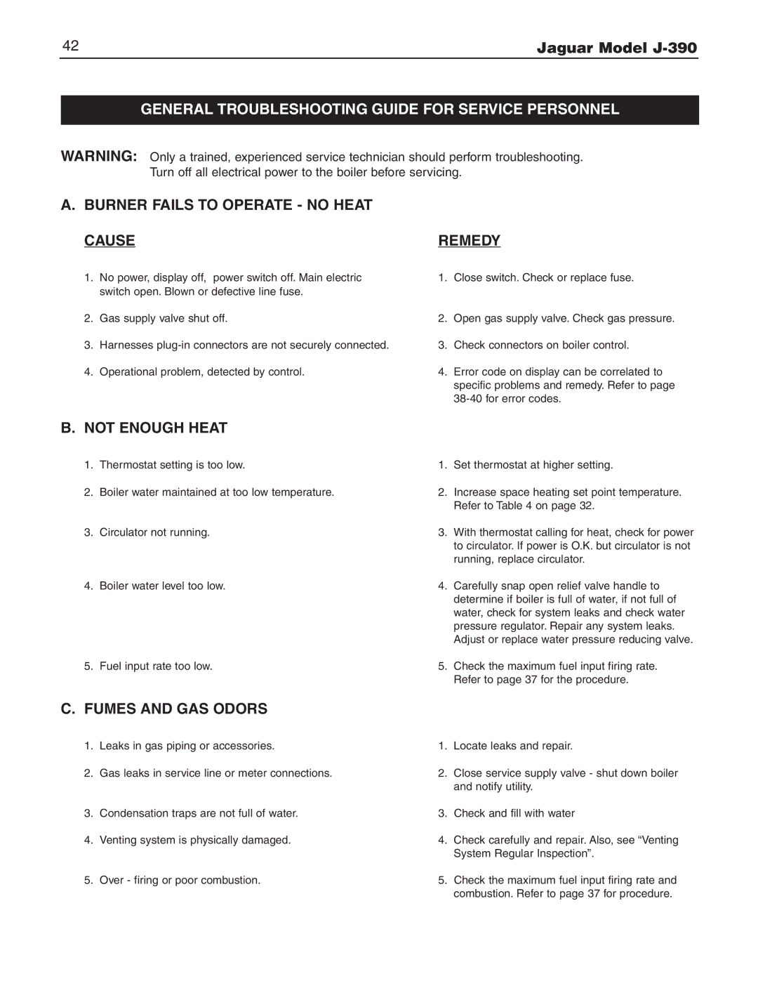 Slant/Fin J-390 installation instructions General Troubleshooting Guide for Service Personnel 