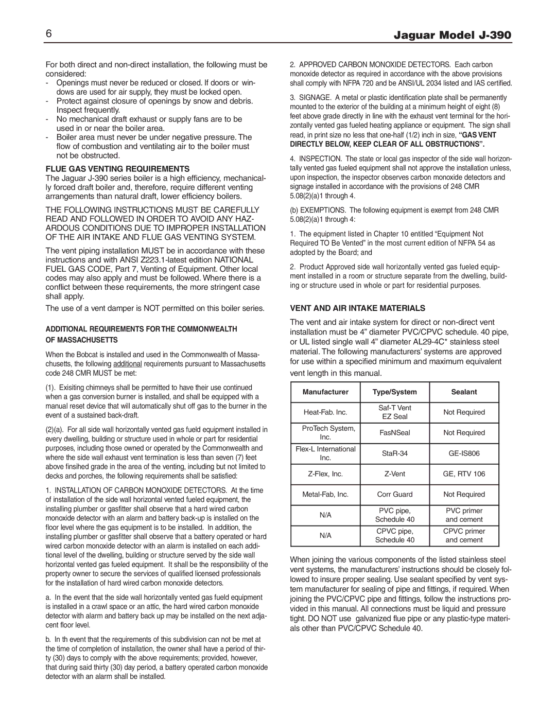 Slant/Fin J-390 installation instructions Flue GAS Venting Requirements, Vent and AIR Intake Materials 