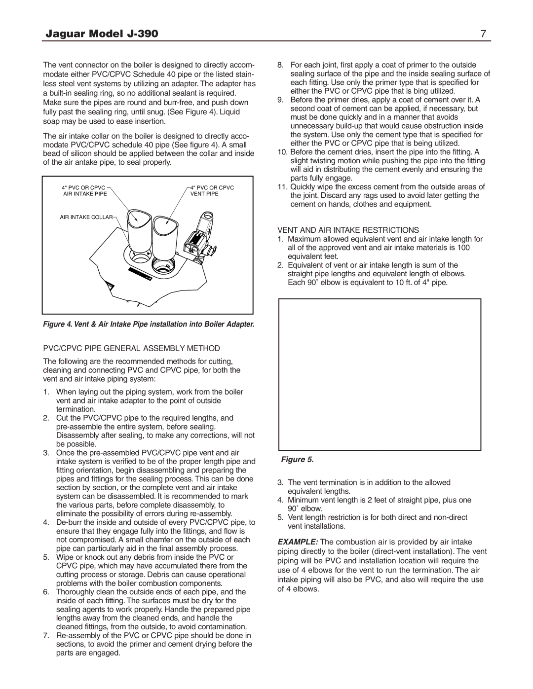 Slant/Fin J-390 installation instructions Vent and AIR Intake Restrictions, PVC/CPVC Pipe General Assembly Method 