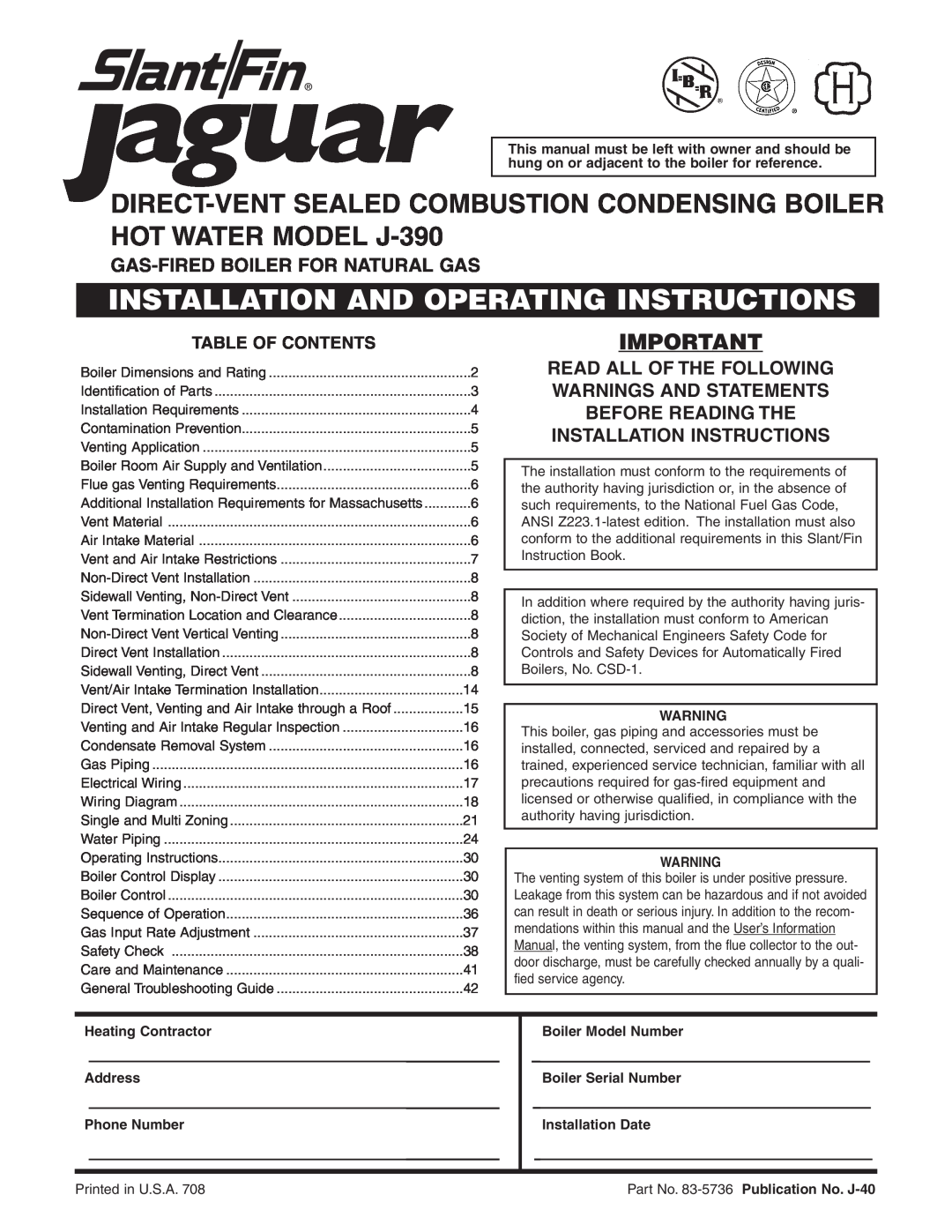 Slant/Fin J-390 installation instructions Gas-Firedboiler For Natural Gas, Installation And Operating Instructions 
