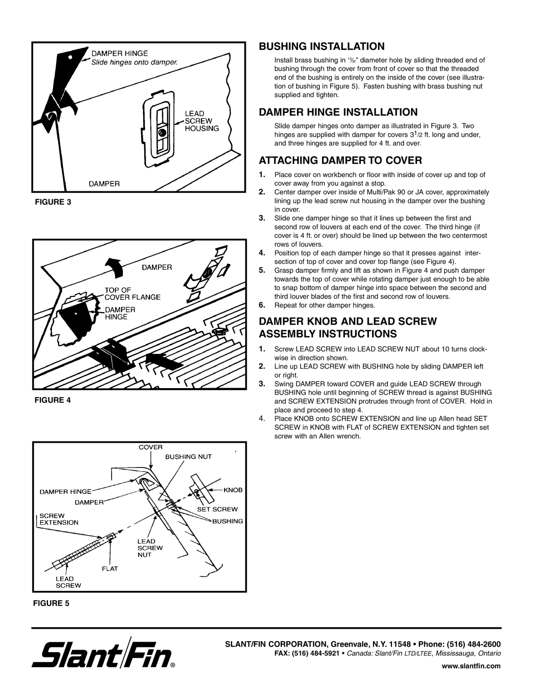 Slant/Fin JA manual Bushing Installation, Damper Hinge Installation, Attaching Damper to Cover 