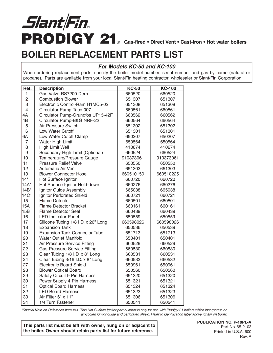 Slant/Fin manual Boiler Replacement Parts List, Description KC-50 KC-100 