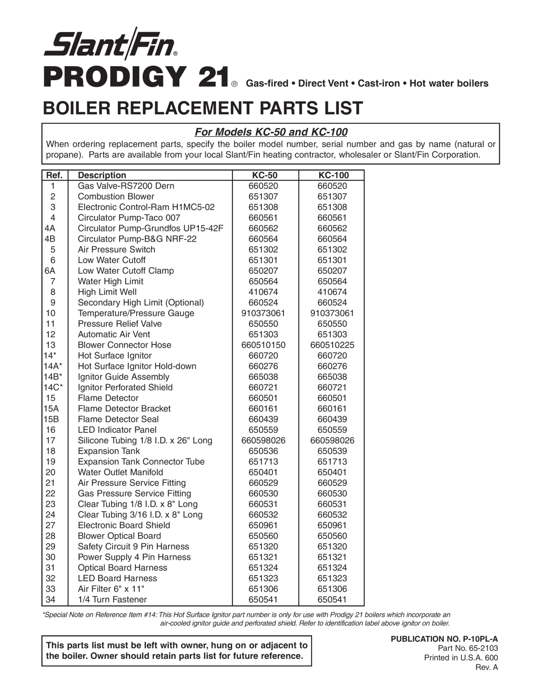 Slant/Fin manual Boiler Replacement Parts List, For Models KC-50and KC-100 