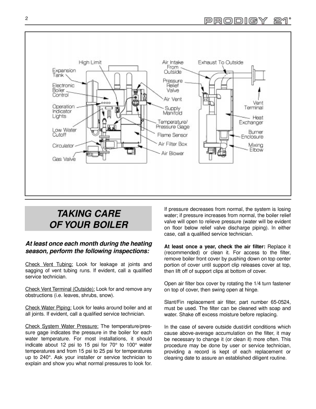 Slant/Fin KC-90, KC-45 manual Taking Care Your Boiler 